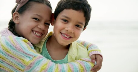 Poster - Face, family and happy children hug at beach on summer holiday, vacation and bonding together on adventure. Portrait, kids and siblings embrace at ocean, brother and smile of sister with love at sea