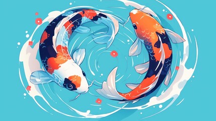 2 Koi Carp fishes swimming in a circle in a crystal clear pond. Japanese style. Tattoo color Sketch