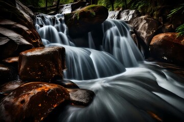 Wall Mural - A close-up shot of the water rushing over the rocks, capturing the raw energy and intensity of the cascading waterfall