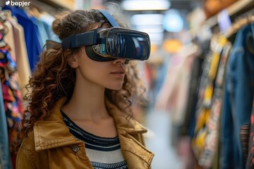 Wall Mural - Young woman wearing VR headset shopping for virtual clothes using holographic display. Concept Virtual reality fashion experience, Holographic shopping, Technology in fashion industry