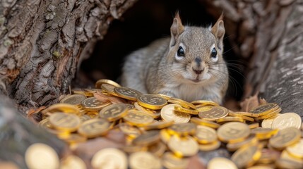 Wall Mural -  A squirrel in a hole with coins and gold coins on the ground