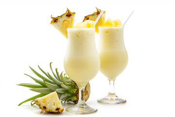 Two glasses of creamy pina colada garnished with fresh pineapple slices, set against a white background, creating a tropical and refreshing summer drink scene