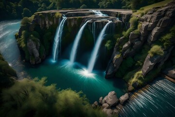 Wall Mural - A bird's-eye view of the waterfall, showcasing its intricate patterns and the mesmerizing way it interacts with the landscape