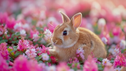 Wall Mural -  A rabbit sits amidst a sea of pink and white petals, its image blurred by surrounding colors