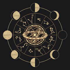 Wall Mural - Vector circle of the Zodiac signs with constellations, moon phases and Ptolemaic Geocentric System on a black background. Hand-drawn illustration in vintage style on an astrological theme