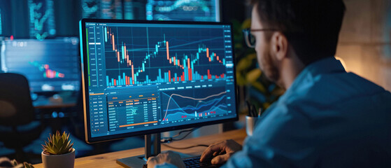 Wall Mural - Stock trading investor, trader or broker analyst working analysing exchange market using computer investing money in financial market analyzing charts data looking at computer screen.