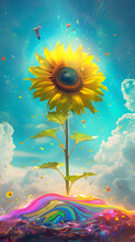 Vibrant Sunflower Blooming On A Color-Spectrum Sky, A Whimsical Illustrative Design