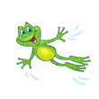 Little funny green frog is flying. Isolated on white background. Vector illustration.