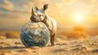 A rhinoceros stands beside a globe on a sandy landscape at sunset