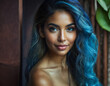 a young attractive woman, woman with tanned skin color and blue white hair color, light blue and blue eyes, direct eye contact