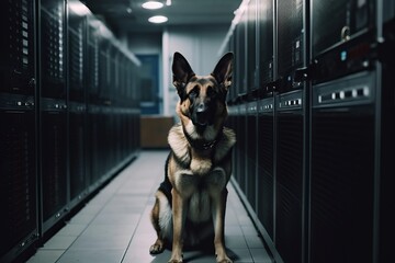 a german shepherd protecting a server