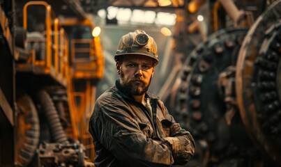 miner worker in a mine against the background of mining equipment