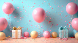 Fototapeta Uliczki - Colorful child birthday invitation card with balloons and gifts, with space for text.