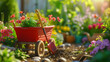 Wheelbarrow with flowers and gardening equipment