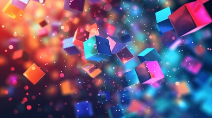 Wall Mural - Dynamic tech-inspired background featuring colorful abstract cubes in motion, symbolizing connectivity and innovation.