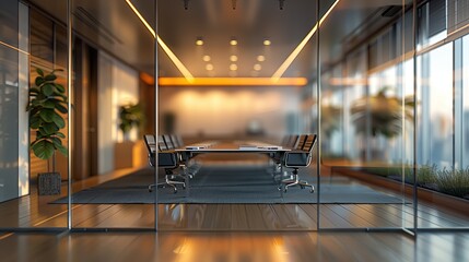 Wall Mural - Interior of modern conference room with glass walls, concrete floor and long wooden table with black chairs. Blurred office background, business background, out of focus