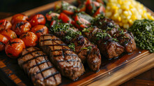 A Succulent Spread Of Grilled Meats And Vegetables, Perfectly Charred And Garnished With Herbs, Ready To Tantalize The Taste Buds