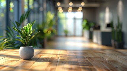 Wall Mural - Interior of a modern office with green plants in a vase. Blurred office background, business background, out of focus