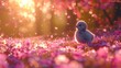  A tiny avian perched amidst a sea of blooms, bathed in sunlight from afar