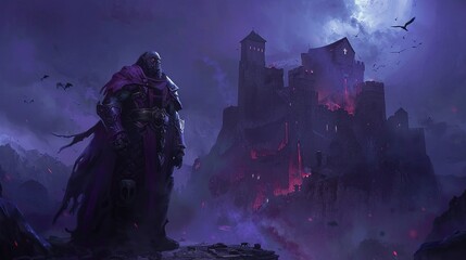 orc from game gothic night of raven, stone fortress, night, digital art style, concept art style, very dark navy colors, very dark purple colors, subtle red elements