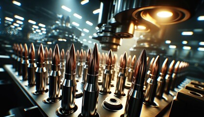 Close-up of bullet manufacturing machine with multiple bullets in production