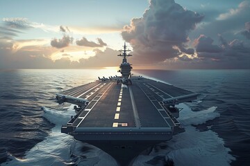 fighter jet on the runway of an aircraft carrier in the open ocean