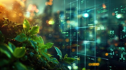 Double exposure of cityscape and green plant with bokeh background