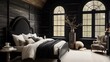 Edgy black bedroom with shiplap walls, antique bed frame, and large arched window.