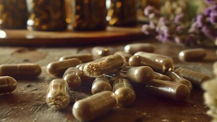 Canvas Print - Supplements and herbs on a wooden background. Selective focus. Nature.