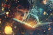 Child reading a book, magical unknown mysterious fantasy world in the book, banner
