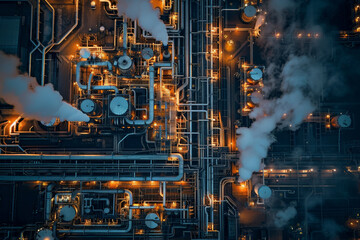 Wall Mural - A bird's-eye view of an oil refinery at night.