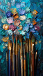 Artistic arrangement of paintbrushes and palettes