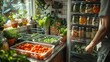 A bright, airy kitchen serves as the perfect setting for a person choosing homemade vegetable broth from their refrigerator, the light reflecting off white subway tiles 