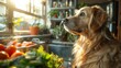 A bright kitchen scene, where a golden retriever sits expectantly by the fridge, watching as its owner selects fresh salmon and spinach to prepare a meal