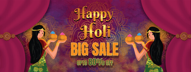 Holi website banner poster for sale and promotion template design. Indian Festival of Colors celebration with text special holi sale