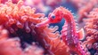 Focused photo of a seahorse near corals, with clear background and hazy sea horse in front