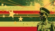 watercolor illustration, Independence Day in Zimbabwe, soldier on the background of the flag of Zimbabwe, army officer, vintage style