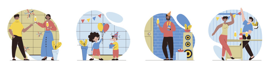 Poster - Happy birthday concept with people scenes set in flat web design. Bundle of character situations with party celebration at children holiday or festive events with decorations. Vector illustrations.