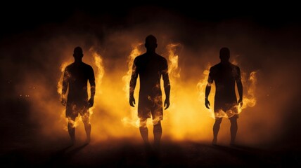 Wall Mural - Fiery athletes in dark silhouette - Three fiery athlete silhouettes set against a dark backdrop, suggesting power and intensity