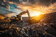 quarry excavator loading ore at sunset