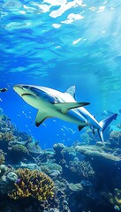 Wall Mural - Majestic blue shark in ocean wilderness   underwater big fish in natural sea environment