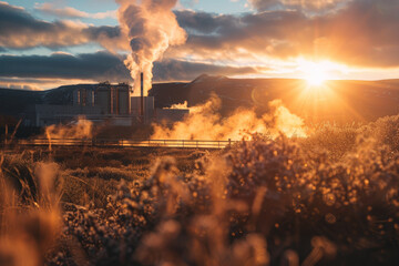 A geothermal power plant in the soft, warm light of the setting sun, symbolizing the harnessing of the earth's natural heat for energy