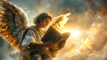 An angel of God dressed in white reading the sacred scriptures the record book of heaven