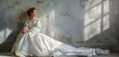 A young woman exudes elegance and grace in a white bridal gown, reminiscent of a bygone era. She stands amidst a vintage setting, radiating timeless beauty and sophistication