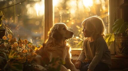 Wall Mural - On a sunny porch, a child gently brushes their older dog, taking care of their lifelong friend with tenderness and love, the quiet morning serving as a backdrop to a lesson in kindness and caregiving