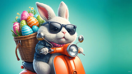 Sticker - Cool Easter bunny with sunglasses and Easter eggs in his backpack on a motorbike.