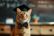 Cute ginger cat wearing graduation hat on blurred classroom background