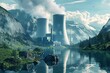 © Tuyres - Concept of a Sustainable Nuclear Power Station by a Pristine Mountain Lake. Generative AI.