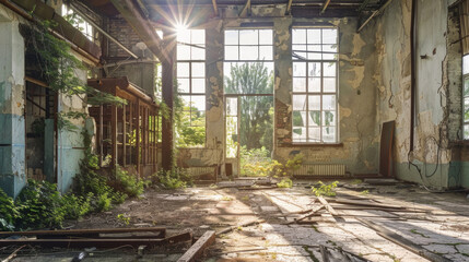 Dilapidated building with a high number of windows, showing signs of neglect and decay