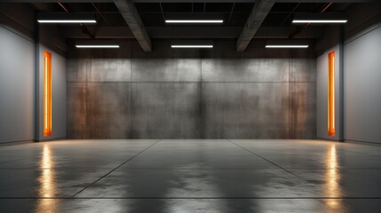 Wall Mural - Hall industrial with led lights, grey walls and glossy concrete floor